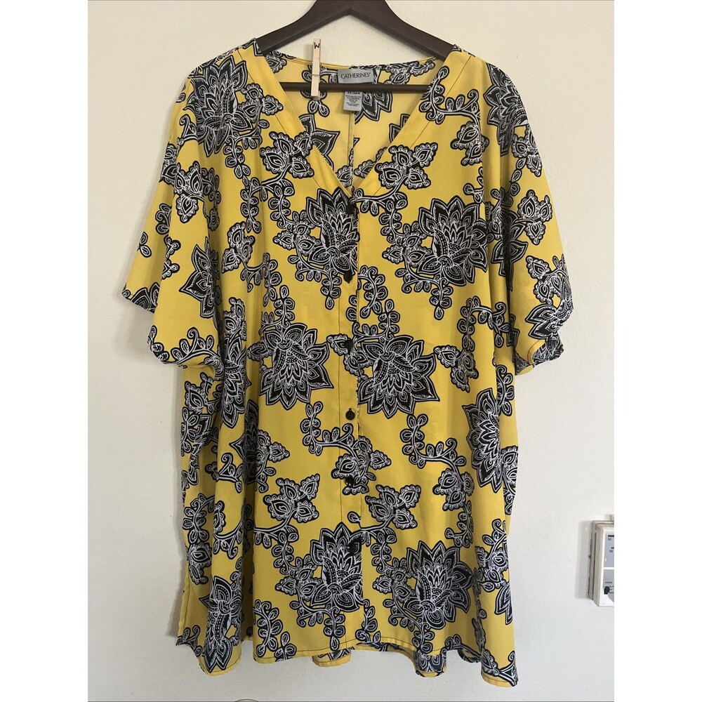 Catherines Floral Button Up Yellow Black Short Sleeve V Neck Blouse SZ 3X